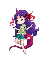  1girl barefoot breasts chibi chibi_only commentary_request dairi full_body green_shirt green_shorts horns large_variant_set long_hair pink_horns purple_hair red_eyes red_tail shirt shorts simple_background single_horn solo tachi-e tenkajin_chiyari test_tube touhou transparent_background variant_set very_long_hair 