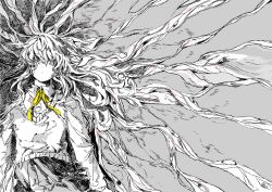  1girl absurdly_long_hair black_skirt cardigan charlotte_wiltshire expressionless hello_charlotte highres long_hair lying mukounokawa partially_colored ribbon shirt skirt tagme very_long_hair white_cardigan white_hair white_shirt yellow_ribbon 