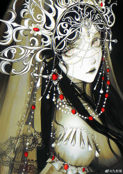 1girl absurdres black_background black_hair black_lips character_request chinese_commentary commentary cross-shaped_pupils facial_mark forehead forehead_jewel forehead_mark from_side grey_eyes headwear_request highres infinity_nikki juliet_sleeves lace-trimmed_veil lace_trim long_hair long_sleeves looking_at_viewer looking_to_the_side nikki_(series) pale_skin parted_bangs puffy_sleeves sideways_glance simple_background solo symbol-shaped_pupils upper_body veil watermark weibo_username weibo_watermark yu_zhezhe 
