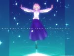 ahoge arcueid_brunestud blonde_hair closed_eyes full_moon glitter glowing long_skirt long_sleeves moon outstretched_arms pantyhose pullover reflection shingetsutan_tsukihime shoes short_hair skirt smile solo spread_arms takeuchi_takashi tsukihime type-moon wallpaper water