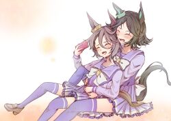  2girls animal_ears arms_around_waist bandaid bandaid_on_cheek bandaid_on_face black_hair blush bow bowtie brown_hair closed_eyes commentary_request ear_ornament hair_between_eyes hair_ornament hairclip highres holding holding_phone horse_ears horse_girl horse_tail long_sleeves multiple_girls narita_taishin_(umamusume) open_mouth phone pleated_skirt purple_sailor_collar purple_serafuku purple_shirt purple_skirt purple_thighhighs sailor_collar sailor_shirt school_uniform serafuku shirt shoes short_hair skirt smile swept_bangs tail thigh-highs tracen_school_uniform umamusume white_bow white_bowtie winning_ticket_(umamusume) youai_you 