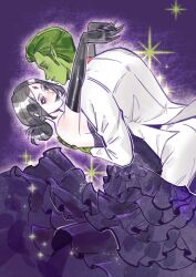  1boy 1other absurdres alternate_costume beast_boy_(dc) chinese_commentary closed_mouth colored_skin couple dancing dc_comics dress elbow_gloves forehead_jewel frilled_dress frills from_side gem gloves green_eyes green_hair green_skin hair_bun hetero highres leaning_back leaning_forward leaning_on_person long_sleeves looking_down looking_up pants parted_bangs parted_lips pointy_ears purple_background purple_dress purple_hair purple_lips raven_(dc) red_gem standing suit teen_titans upper_body violet_eyes white_suit xingchen96926 