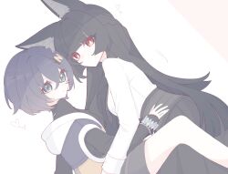  2girls absurdres animal_ear_fluff belle_(zenless_zone_zero) black_hair blue_hair braid commentary fox_girl fox_tail green_eyes hair_ornament half_up_braid heart highres hoshimi_miyabi letter_hair_ornament long_hair multiple_girls red_eyes shirt short_hair tail white_shirt yuri zenless_zone_zero zzzii0 