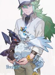  alternate_size blue_eyes colored_sclera cowboy_shot green_hair highres long_hair looking_at_viewer male_focus n_(pokemon) pokemon pokemon_(creature) pokemon_bw red_sclera reshiram shirt shirt_under_shirt toujou_bun white_shirt zekrom 