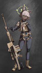  1girl absurdres ahoge animal_ear_fluff animal_ears anti-materiel_rifle barrett_m82 belt black_pants black_shirt black_suit blue_archive boots bulletproof_vest commentary_request fox_ears fox_girl fox_platoon_(blue_archive) fox_tail furrowed_brow glock gloves glowing glowing_eyes grey_hair gun halo hand_up handgun headphones highres holding holding_gun holding_weapon holster implied_extra_ears looking_at_viewer microphone military military_combat_uniform military_uniform odi original otogi_(blue_archive) pants rifle scissors scope shirt sniper_rifle standing suit tactical_clothes tactical_gloves tail weapon yellow_boots yellow_eyes yellow_halo 