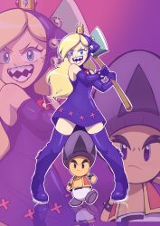  1boy 1girl absurdres axe blonde_hair boots bracelet crown dress elbow_gloves gloves highres holding holding_axe hooded_dress jewelry kimbosarchive looking_at_viewer open_clothes open_mouth open_vest purple_boots purple_dress purple_gloves red_vest sharp_teeth spiked_bracelet spikes super_mario_bros. teeth thigh_boots vest warupeach watoad zoom_layer 