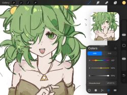  1girl :d anna_(epic_battle_fantasy) art_program_in_frame bare_shoulders brown_shirt epic_battle_fantasy green_eyes green_hair hair_over_one_eye highres jewelry mha_crayon necklace procreate_(medium) shirt smile solo teeth twintails unfinished upper_body 