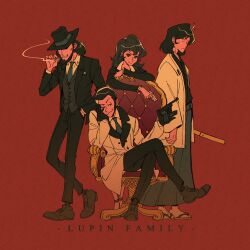  1girl 3boys arsene_lupin_iii beard black_eyes black_gloves black_hair black_jacket black_pants black_suit chair cigarette closed_eyes coat collared_shirt crossed_legs facial_hair formal_clothes full_body gloves gun hakama hand_in_pocket hat head_rest highres holding holding_cigarette holding_gun holding_weapon ishikawa_goemon_xiii jacket japanese_clothes jigen_daisuke katana long_sideburns lupin_iii mine_fujiko mino_(mino_cat) multiple_boys necktie pants red_background sandals shirt short_hair sideburns simple_background sitting smile smoking socks standing suit sword vest weapon 