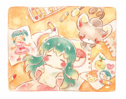  1girl border chimchar closed_eyes colored_pencil_(medium) commentary_request crayon drawing_(object) dress glameow highres hikari_(pokemon) long_hair no_mouth no_nose painting_(medium) pink_dress piplup poke_ball poke_ball_(basic) pokemon pokemon_(anime) pokemon_(creature) pokemon_dppt_(anime) rainbow sleeping solo traditional_media turtwig watercolor_(medium) white_border yukichi_0611 