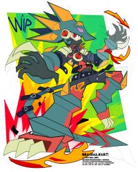  1boy alternate_costume belt bluesky_username bodysuit buysell_bird claw_(weapon) forehead_jewel full_body green_helmet gregar_(mega_man) helmet highres jacket leather leather_jacket leg_up male_focus mask mega_man_(series) mega_man_battle_network_(series) mega_man_battle_network_6 megaman.exe mouth_mask netnavi outstretched_arm red_eyes solo tail twitter_username unfinished vambraces watermark weapon 