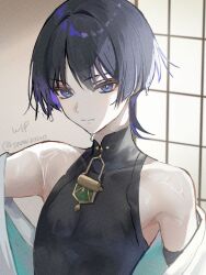  1boy bishounen black_bodysuit blunt_ends bodysuit bright_pupils closed_mouth colored_inner_hair covered_collarbone expressionless eyeliner genshin_impact hashtag-only_commentary highres indoors japanese_clothes kimono looking_at_viewer makeup male_focus mandarin_collar multicolored_hair off_shoulder parted_bangs portrait purple_hair red_eyeliner scaramouche_(genshin_impact) sliding_doors snow20200 solo streaked_hair tsurime twitter_username unfinished violet_eyes wanderer_(genshin_impact) wet wet_hair white_kimono white_pupils wispy_bangs 