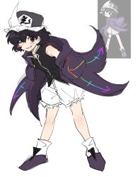  1other absurdres androgynous arrow_print bare_legs black_shirt blush boots braid chinese_commentary coattails collared_shirt commentary_request derivative_work flat_color frilled_headwear frilled_shorts frills full_body grey_hat grin hair_between_eyes hands_in_pockets happy hat highres hood hood_down hooded_jacket jacket len'en long_sleeves loose_socks mob_cap one_eye_closed open_clothes open_jacket other_focus otogisum3 print_jacket puffy_shorts purple_boots purple_hair purple_jacket reference_inset shirt shitodo_kuroji short_hair shorts simple_background single_bare_shoulder single_braid sketch sleeveless sleeveless_shirt smile socks solo sprite_redraw standing tailcoat triangular_headpiece violet_eyes white_background white_shorts white_socks 