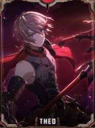  1boy armor artist_request black_armor black_pants blue_eyes border breastplate brown_hair cape clenched_teeth commentary_request dual_wielding english_commentary gauntlets highres holding holding_polearm holding_weapon king's_raid korean_commentary leg_armor medium_hair mixed-language_commentary multiple_weapons official_art open_mouth pants polearm red_background red_cape second-party_source solo spear teeth theo_(king's_raid) upper_body weapon 