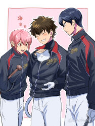  3boys ace_of_diamond animal baseball_bat black_hair blue_eyes blush border brown_hair cat closed_eyes closed_mouth commentary_request furuya_satoru gloves highres holding holding_baseball_bat kominato_haruichi kuramochi_youichi kusatakesi male_focus multiple_boys outline pants pink_background pink_hair sawamura_eijun seidou_high_school_jacket short_hair simple_background twitter_username white_border white_gloves white_outline white_pants zipper_pull_tab 