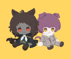  2boys :< animal_ears basilio_(metaphor:_refantazio) black_coat black_pants black_shoes black_vest brothers brown_shoes cat_boy cat_ears cat_tail coat dark-skinned_male dark_skin fidelio_(metaphor:_refantazio) houndstooth jacket layered_sleeves long_sleeves male_focus metaphor:_refantazio multiple_boys pants patterned_clothing purple_hair red_eyes rizu_(rizunm) scar scar_across_eye scar_on_face scarf shirt shoes short_hair siblings simple_background sitting tail vest white_scarf white_shirt wolf_boy wolf_ears wolf_tail yellow_background yellow_eyes 