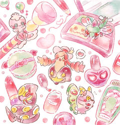  arbok colored_pencil colored_pencil_(medium) commentary_request cosmetics dustox frillish frillish_(female) gourgeist highres lipstick makeup makeup_palette mimikyu musical_note nail_polish_bottle no_humans painting_(medium) pencil pink_theme pokemon pokemon_(creature) powder_puff seviper simple_background traditional_media watercolor_(medium) white_background wobbuffet woobat yanmega yukichi_0611 