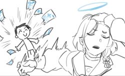  1boy 1girl arona_(blue_archive) blue_archive blue_halo doodle_sensei_(blue_archive) envelope false_smile gabang gacha_(game_mechanic) halo hashtag-only_commentary highres jujutsu_kaisen parody recruitment_(blue_archive) scene_reference sensei_(blue_archive) smile spot_color tearing_up 