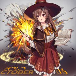  1girl :o absurdres alternate_headwear animal_ears artist_name blush bone_hair_ornament book bow bowtie brown_cape brown_capelet brown_eyes brown_hair brown_tail cape capelet center_frills commentary_request cowboy_shot dated dog_ears dog_girl dog_tail double-parted_bangs explosion extra_ears frilled_shirt frilled_shirt_collar frilled_skirt frills grimoire hair_between_eyes hair_ornament hairclip hat high-waist_skirt highres holding holding_book holding_wand hololive inugami_korone inugami_korone_(street) listener_(inugami_korone) long_hair long_sleeves looking_afar looking_to_the_side medium_skirt open_mouth parallel_hairclips paw_brooch plaid_bow plaid_bowtie plaid_clothes raised_eyebrows red_hat red_skirt shirt signature skirt solo tail traveler_(artbbt) virtual_youtuber wand white_shirt witch witch_hat yellow_bow yellow_bowtie 