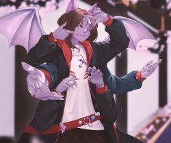 animal_ears bat_boy bat_ears brown_hair colored_sclera colored_skin dante_will dante_will_(bat) extra_arms extra_eyes fingernails indie_virtual_youtuber jacket long_hair long_sleeves meiniianos neobaka portuguese_commentary purple_skin red_sclera sharp_fingernails shirt smile wings 