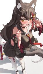  1girl :d animal_ear_fluff animal_ears back_bow big_hair black_choker black_hair black_serafuku black_shirt black_skirt black_sleeves black_tail blush bow choker claw_pose commentary cropped_shirt detached_sleeves double-parted_bangs fang feet_out_of_frame fingernails foreshortening gradient_background grey_background hair_ornament hairclip highres hololive kouhaku_nawa leaning_forward long_hair long_sidelocks long_sleeves looking_at_viewer miniskirt multicolored_hair neckerchief necktie ookami_mio ookami_mio_(1st_costume) open_mouth pleated_skirt red_neckerchief red_necktie red_shirt red_streaks rope sailor_collar sandals school_uniform serafuku shadow sharp_fingernails shimenawa shirt shirt_overhang sidelocks simple_background single_hair_streak skin_fang skirt sleeve_garter sleeveless sleeveless_shirt smile solo streaked_hair tail tail_around_own_leg tail_wrap thigh-highs undershirt very_long_hair virtual_youtuber white_sailor_collar white_thighhighs wide_sleeves wolf_ears wolf_girl wolf_tail woogi_(duguddnr) yellow_eyes zouri 