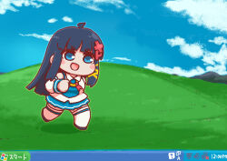  1girl :d ahoge black_hair bliss_(image) blue_eyes blue_skirt blue_sky blush_stickers chibi chibi_only clouds commentary_request day desktop_(computing) detached_sleeves hair_ornament hill imuhata_shimuro letter_hair_ornament long_hair long_sleeves microsoft_windows miniskirt no_nose open_mouth os-tan running skirt sky smile solo taskbar thigh-highs white_sleeves white_thighhighs windows_xp xp-tan 