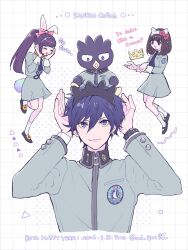  1boy 2girls animal_ear_hairband animal_ears animal_on_head anniversary black_crown black_shoes bow_hairband brown_eyes brown_hair cat_ear_hairband cat_ears character_request closed_eyes closed_mouth commentary crown dated english_text fake_animal_ears fake_tail grey_jacket grey_skirt grid_background hair_between_eyes hairband hands_on_own_face hands_up highres jacket kirishima_eriko long_hair long_sleeves looking_up multiple_girls necktie on_head oui_zen persona persona_1 purple_hair purple_necktie rabbit_ear_hairband rabbit_ears rabbit_tail sanrio school_uniform shoes short_hair side_ponytail skirt smile socks sonomura_maki st._hermelin_school_uniform symbol-only_commentary tail toudou_naoya twitter_username violet_eyes white_background white_socks 