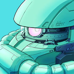  2024 absurdres aqua_background check_commentary close-up commentary commentary_request dated gundam highres kobakin mecha mecha_focus mobile_suit mobile_suit_gundam one-eyed robot science_fiction signature simple_background solo white_eyes zaku_ii 