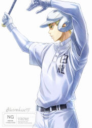  1boy absurdres ace_of_diamond arms_up baseball baseball_bat baseball_jersey baseball_uniform belt black_belt blonde_hair commentary_request from_side gloves green_eyes highres holding holding_baseball_bat jersey kusatakesi male_focus okumura_koushuu pants shirt shirt_tucked_in short_hair simple_background solo sportswear twitter_username white_background white_gloves white_pants white_shirt 