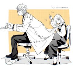  1boy 1girl chair coat couple dress franken_stein_(soul_eater) greyscale_with_colored_background hissiu long_sleeves marie_mjolnir object_through_head pregnant screw_in_head sewing shoes sitting soul_eater stitched_face stitches swivel_chair 
