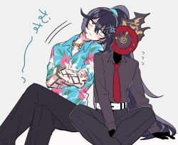  1boy 1other anger_vein arm_tattoo black_gloves black_pants black_shirt black_skin blue_shirt clock collared_shirt colored_skin crossed_arms dante_(limbus_company) fire floral_print flying_sweatdrops gloves hawaiian_shirt head_tilt highres hong_lu_(project_moon) jewelry limbus_company neck_tattoo necklace necktie object_head pants project_moon red_necktie shiki_(shikki46) shirt tattoo tingtang_gang_(identity)_(project_moon) 