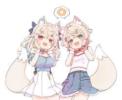  2girls :d animal_ear_fluff animal_ears blonde_hair blue_eyes blue_shirt blue_skirt blue_streaks blush breasts clothes_writing commentary_request dog_ears dog_girl dog_tail doughnut fang flat_chest food fuwawa_abyssgard fuwawa_abyssgard_(casual) hair_ornament halter_shirt halterneck hands_on_own_cheeks hands_on_own_face hololive hololive_english long_hair mococo_abyssgard mococo_abyssgard_(casual) multiple_girls oppai_loli pink_eyes pink_streaks pleated_skirt pon_de_ring scrunchie shirt short_hair siblings simple_background sisters skirt sleeveless sleeveless_shirt smile spoken_food tail tomoe_takenari virtual_youtuber white_background white_shirt white_skirt wrist_scrunchie x_hair_ornament 