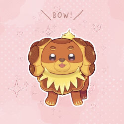  :3 animal_focus commentary dachsbun dog full_body heart no_humans open_mouth outline pink_background pokemon pokemon_(creature) pokemon_focus polka_dot polka_dot_background shio_pie smile solo symbol-only_commentary white_outline 