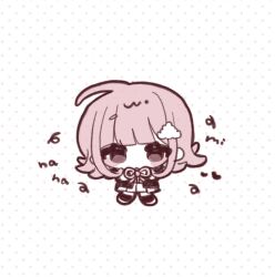  1girl ameko53133 brown_hair chibi danganronpa_(series) danganronpa_2:_goodbye_despair flipped_hair hair_ornament jacket long_sleeves looking_at_viewer medium_hair nanami_chiaki neck_ribbon open_clothes open_jacket pink_eyes pink_ribbon pleated_skirt ribbon shirt skirt solo white_shirt 