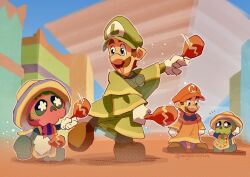  2boys :d arms_at_sides big_nose blue_eyes bright_pupils brown_hair brown_shoes dancing facial_hair flower-shaped_pupils green_hat green_poncho hand_up hat highres holding holding_instrument holding_maracas initial instrument legs_apart looking_at_another maracas monyorun motion_lines multiple_boys mustache red_hat red_poncho shoes sideburns smile sombrero standing standing_on_one_leg super_mario_bros. super_mario_odyssey symbol-shaped_pupils tostarenan white_pupils yellow_hat 