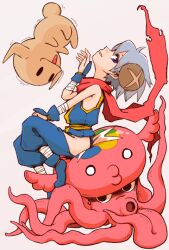  1girl bare_shoulders blue_eyes commentary_request floating_scarf food-themed_hair_ornament grey_hair hair_ornament hand_on_own_knee hand_up head_back imuhata_shimuro mushroom mushroom_hair_ornament ninja octopus os-tan pelvic_curtain red_scarf scarf shiitake short_hair simple_background sitting visbou vista-tan white_background 