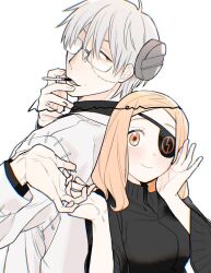  1boy 1girl blonde_hair cigarette eyepatch franken_stein_(soul_eater) glasses grey_hair highres hissiu interlocked_fingers long_hair looking_at_viewer marie_mjolnir object_through_head screw_in_head short_hair simple_background smile soul_eater upper_body white_background yellow_eyes 