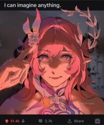  1girl alternate_form arrow_(symbol) artist_name bare_shoulders blue_ribbon branch closed_mouth curtains cyrene_(demiurge)_(honkai:_star_rail) cyrene_(honkai:_star_rail) diamond-shaped_pupils diamond_(shape) dress english_commentary english_text flower hair_between_eyes hair_flower hair_ornament hair_ribbon hand_up highres honkai:_star_rail honkai_(series) indoors kronkydei leaf long_hair looking_at_viewer multicolored_hair multicolored_ribbon official_alternate_costume official_alternate_hairstyle pink_hair pink_ribbon plant pointy_ears reddit ribbon rose sidelocks sleeveless sleeveless_dress smile solo streaked_hair symbol-shaped_pupils upper_body violet_eyes white_dress white_flower white_hair white_ribbon white_rose yellow_ribbon 