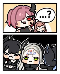  5girls armor bahamut_(nikke) behemoth_(nikke) black_armor black_bodysuit black_hair black_horns blush body_writing bodysuit boobplate breasts brown_hair chibi drawing_on_another's_face earclip forehead forehead_writing four_beasts_(nikke) goddess_of_victory:_nikke green_eyes grey_hair grey_streaks hair_over_one_eye heretics_(nikke) highres holding holding_marker horns hospital_gown large_breasts leviathan_(nikke) liquid_clothes long_hair malangtogle22 marker multiple_girls one_side_up only_one_(nikke) open_mouth pink_hair red_eyes shiny_eyes simple_background single_horn smile tic-tac-toe very_long_hair white_gown ziz_(nikke) 