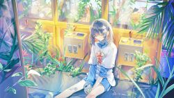  1girl absurdres bandaid bandaid_on_arm bandaid_on_face bandaid_on_knee bandaid_on_leg black_hair blue_jacket blue_shorts brown_eyes can crane_game drink_can hair_ornament half-closed_eye highres jacket loose_clothes loose_shirt medium_hair one_eye_closed original overgrown ruoruomi shirt shorts signature sitting soda_can solo track_jacket twintails white_shirt 