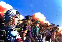  5boys absurdres aqua_hair argyle_clothes argyle_sweater arm_tattoo artist_name beanie beard black_hair blonde_hair blue_eyes blue_helmet blue_lips blue_sky blue_sweater braid brown_hair brown_hat cape chest_tattoo clouds cowboy_hat dark-skinned_male dark_skin day diego_brando english_commentary facial_hair from_side goggles goggles_on_headwear green_cape green_eyes green_lips gyro_zeppeli hand_up hat heart_ornament helmet hey_ya_(horse) highres hood hood_down hoodie horse horseback_riding horseshoe_hat_ornament horseshoe_ornament johnny_joestar jojo_no_kimyou_na_bouken long_hair makeup male_focus medium_hair multicolored_hair multiple_boys mustache native_american noonvincent orange_hair orange_sleeves outdoors parted_lips pocoloco purple_mask purple_shirt purple_sleeves red_sleeves riding sandman_(sbr) shirt sky star_(symbol) star_print steel_ball_run sweater tattoo turtleneck turtleneck_sweater twin_braids two-tone_hair two-tone_sleeves valkyrie_(jojo) white_hat white_hoodie white_sleeves yellow_hat yellow_shirt 