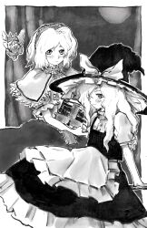  2girls alice_margatroid apron black_hat black_skirt black_vest blush book bow broom capelet closed_mouth faux_traditional_media frilled_hat frilled_headband frilled_ribbon frills grimoire_of_alice hair_bow hair_over_one_eye hat hat_bow highres holding holding_book holding_broom imperishable_night kirisame_marisa letterboxed light_frown long_hair looking_at_viewer monochrome multiple_girls outside_border puffy_short_sleeves puffy_sleeves ra9gaki_22ki ribbon shanghai_doll shirt short_hair short_sleeves sidelocks skirt touhou vest watercolor_background watercolor_effect white_apron white_bow white_capelet white_shirt wings 