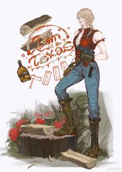  1girl absurdres bad_source belt blonde_hair blue_eyes blue_pants boots bottle char_aznable denim flower full_body genderswap genderswap_(mtf) gloves grass green_gloves gun gundam hammer highres holding holding_weapon jeans knee_boots lace-up_boots log looking_at_viewer medium_hair pants plaid_clothes plaid_shirt pulppunk001 red_flower red_rose red_vest rose shirt sleeveless sleeveless_shirt solo tree_stump vest watermark weapon weibo_username weibo_watermark white_background white_shirt zeta_gundam 
