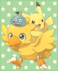  bird chocobo crossover dot_nose dragon_quest feathers final_fantasy happy lowres mugita_konomi no_humans pikachu pokemon pokemon_(creature) slime_(dragon_quest) smile star_(symbol) tail 