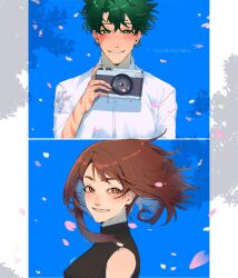  1boy 1girl bare_shoulders black_shirt blue_background boku_no_hero_academia breasts brown_eyes brown_hair camera collared_shirt english_text eview_2549 falling_petals freckles green_eyes green_hair hair_between_eyes hetero highres holding holding_camera light_blush looking_at_another medium_breasts medium_hair midoriya_izuku multiple_scars parted_lips petals pink_petals ribbed_shirt scar scar_on_arm scar_on_cheek scar_on_face scar_on_hand shirt short_hair sleeveless sleeveless_turtleneck smile turtleneck upper_body uraraka_ochaco white_shirt 