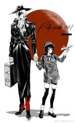  2boys age_difference aged_down ascot backpack bad_source bag briefcase buttons char_aznable closed_mouth coat double-breasted fedora full_body greyscale_with_colored_background gundam hat height_difference highres holding holding_briefcase holding_hands holding_suitcase kamille_bidan limited_palette long_sleeves looking_at_viewer monochrome multiple_boys neck_ribbon pants pulppunk001 randoseru ribbon school_briefcase shirt shoes short_hair shorts simple_background socks spot_color standing suitcase thigh-highs trench_coat watermark weibo_username weibo_watermark white_background zeta_gundam 