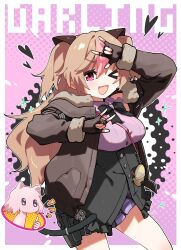  >_o 2girls absurdres basti_(girls'_frontline_2) black_bow black_bowtie black_gloves bow bowtie breasts brown_hair brown_jacket cat_tail commentary double_w english_text fang female_commander_(girls'_frontline) fingerless_gloves fur-trimmed_jacket fur_trim girls'_frontline_2:_exilium girls_frontline gloves heart highres jacket large_breasts long_hair looking_at_viewer miharu_(cgsky) mk23_(girls'_frontline) multicolored_hair multiple_girls one_eye_closed open_mouth pink_hair red_eyes skin_fang streaked_hair symbol-only_commentary tail thumbs_up w 