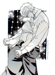  1boy 1girl closed_eyes commentary couple franken_stein_(soul_eater) height_difference hetero highres hissiu holding_hands hug long_sleeves looking_at_another marie_mjolnir object_through_head pants screw_in_head skirt sleeveless smile soul_eater symbol-only_commentary 