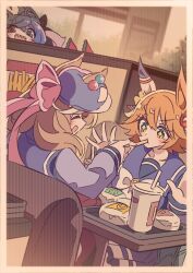  +_+ 4girls animal_ears blue_eyes blue_hair blush bow bowtie brown_hair burger closed_eyes clover_hair_ornament commentary_request crossed_bangs cup daruma_doll daruma_doll_hair_ornament disposable_cup ear_covers ears_through_headwear feeding flipped_hair food food_in_mouth four-leaf_clover_hair_ornament french_fries hair_between_eyes hair_ornament hat heterochromia honkawa_works horse_ears horse_girl long_hair long_sleeves matikanefukukitaru_(umamusume) matikanetannhauser_(umamusume) mcdonald's medium_hair multicolored_hair multiple_girls newsboy_cap nice_nature_(umamusume) open_mouth orange_hair pleated_skirt purple_sailor_collar purple_serafuku purple_shirt purple_skirt sailor_collar sailor_shirt school_uniform serafuku sharp_teeth shirt short_hair single_ear_cover sitting skirt smile streaked_hair table teeth tracen_school_uniform twin_turbo_(umamusume) umamusume violet_eyes white_bow white_bowtie 