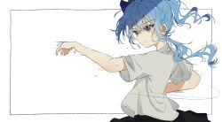  1girl absurdres blue_eyes blue_hair clenched_teeth highres hololive hoshimachi_suisei kani02030 motion_lines parted_lips shirt short_sleeves simple_background solo sweat teeth upper_body white_background white_shirt 