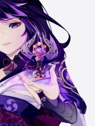  1girl armor blunt_bangs bridal_gauntlets close-up electricity eyeliner floating genshin_impact glowing gnosis_(genshin_impact) grey_background head_tilt highres japanese_clothes kimono looking_at_viewer makeup mitsudomoe_(shape) multicolored_hair neck_ribbon noneymiltenz out_of_frame parted_lips pink_lips purple_hair purple_kimono purple_nails raiden_shogun red_eyeliner red_ribbon red_sash ribbon sash shoulder_armor solo statue statue_of_the_seven streaked_hair tomoe_(symbol) unfinished upper_body violet_eyes wide_sleeves wings 